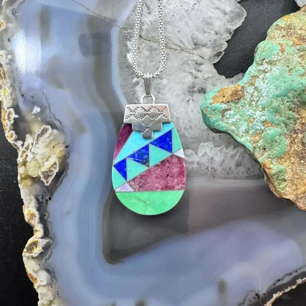 Carolyn Pollack Sterling Multistone Inlay Pottery Pendant With Chain Necklace